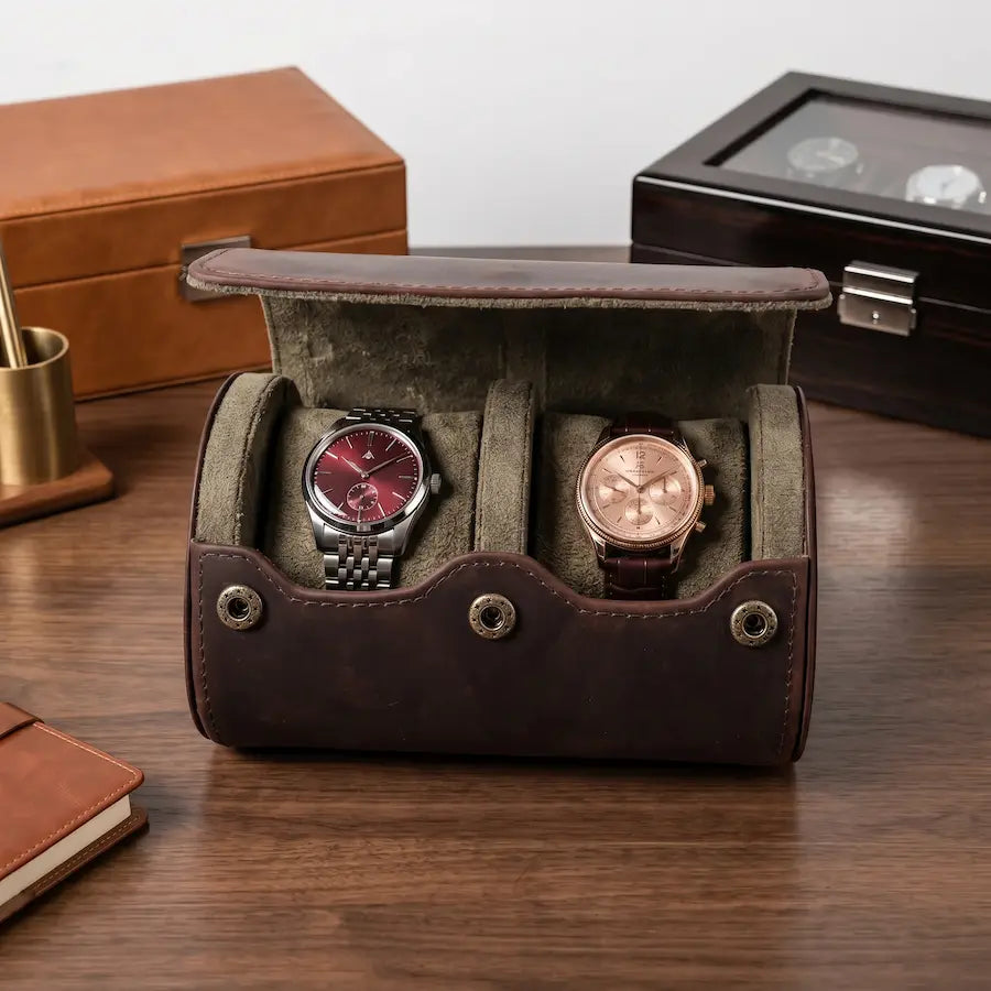 étui de voyage en cuir vegan marron pour montres