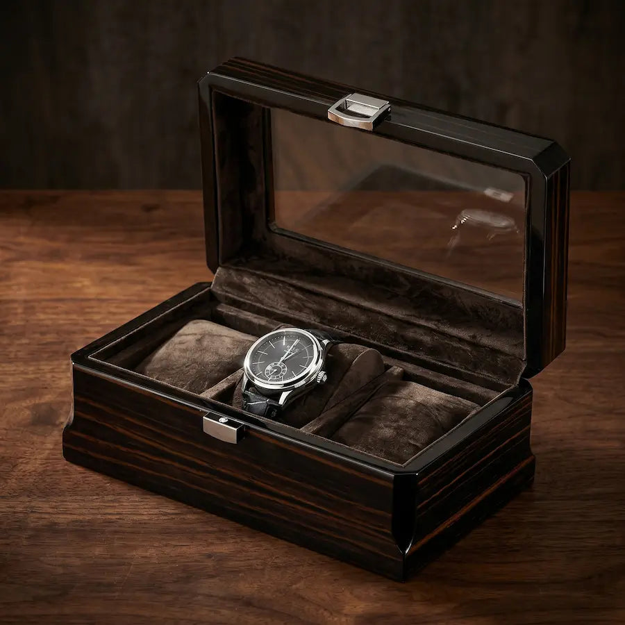 boîte à montres foncé en bois massif pour 3 montres