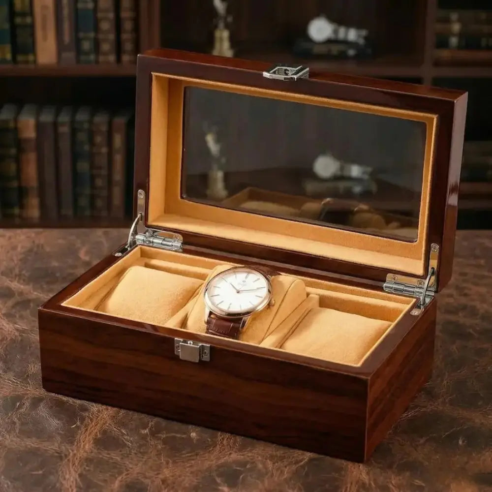 boite à montres bois massif sur bureau 3 places