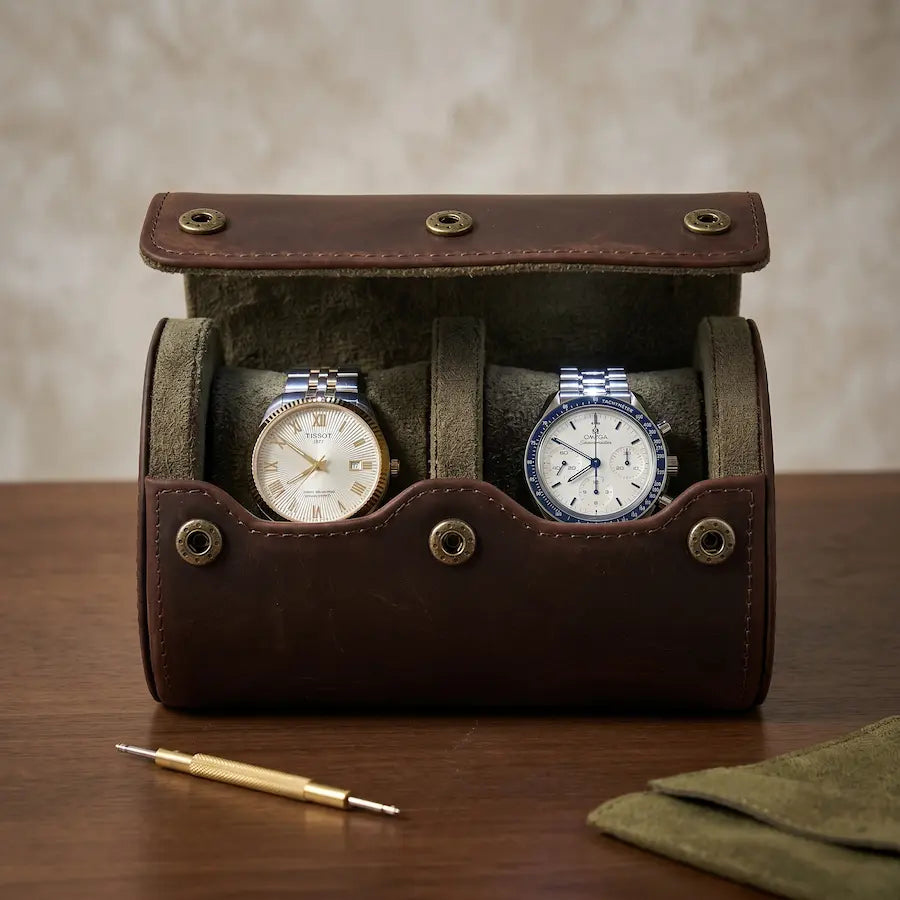 étui pour montres couleur brun foncé cuir vegan 2 places