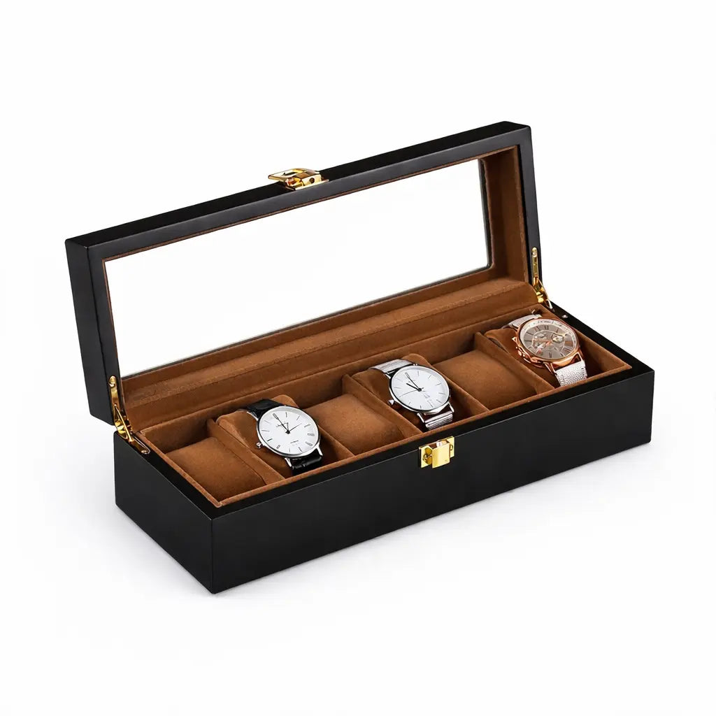 boîte à montres en bois et velours de couleur noir