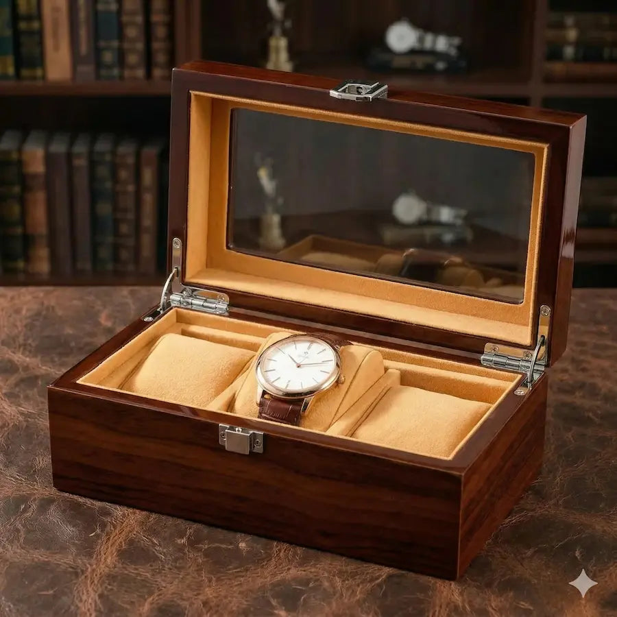boite à montres bois massif sur bureau 3 places