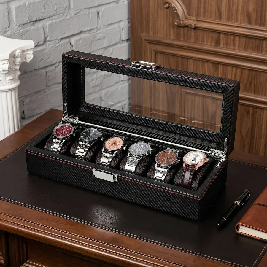 boîte à montres 6 places couleur noir finition rouge sur bureau