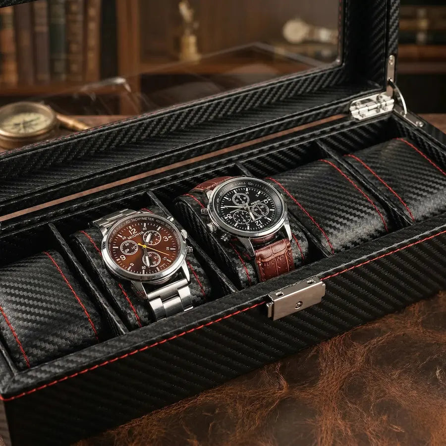 boite a montres noir finition rouge 6 places