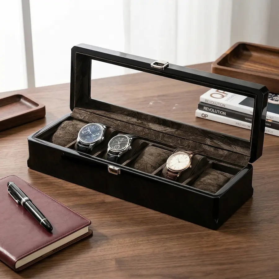 boite à montres 6 places bois massif foncé sur bureau