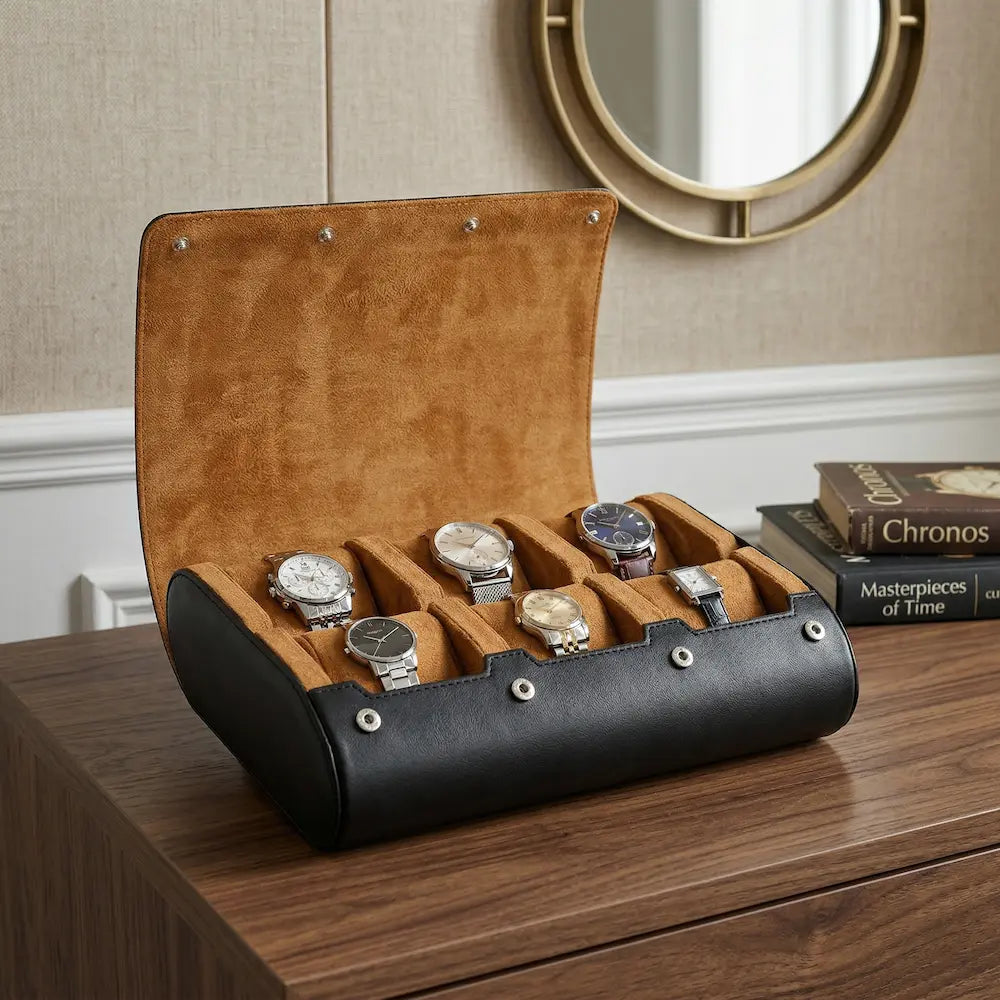 étui à montres de voyage sur bureau couleur noir intérieur orange cuir vegan