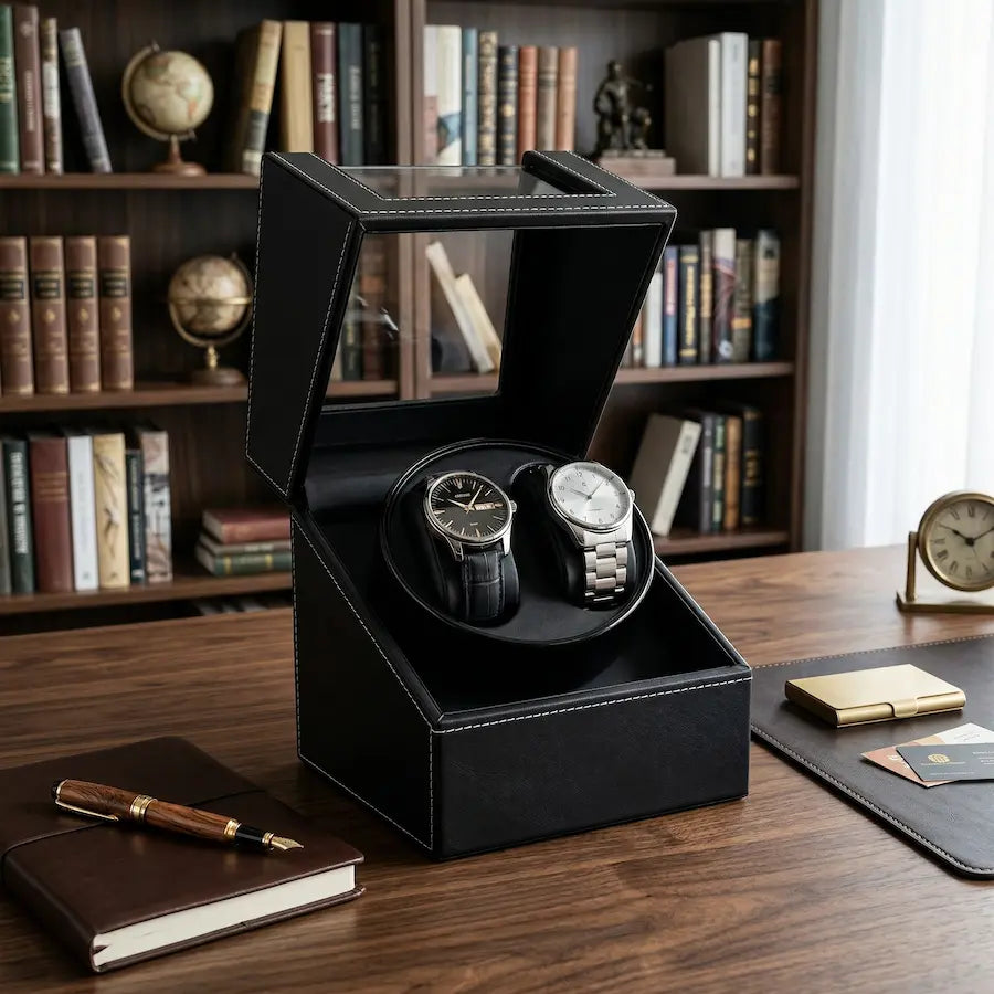 remontoir pour montres cuir vegan noir sur bureau