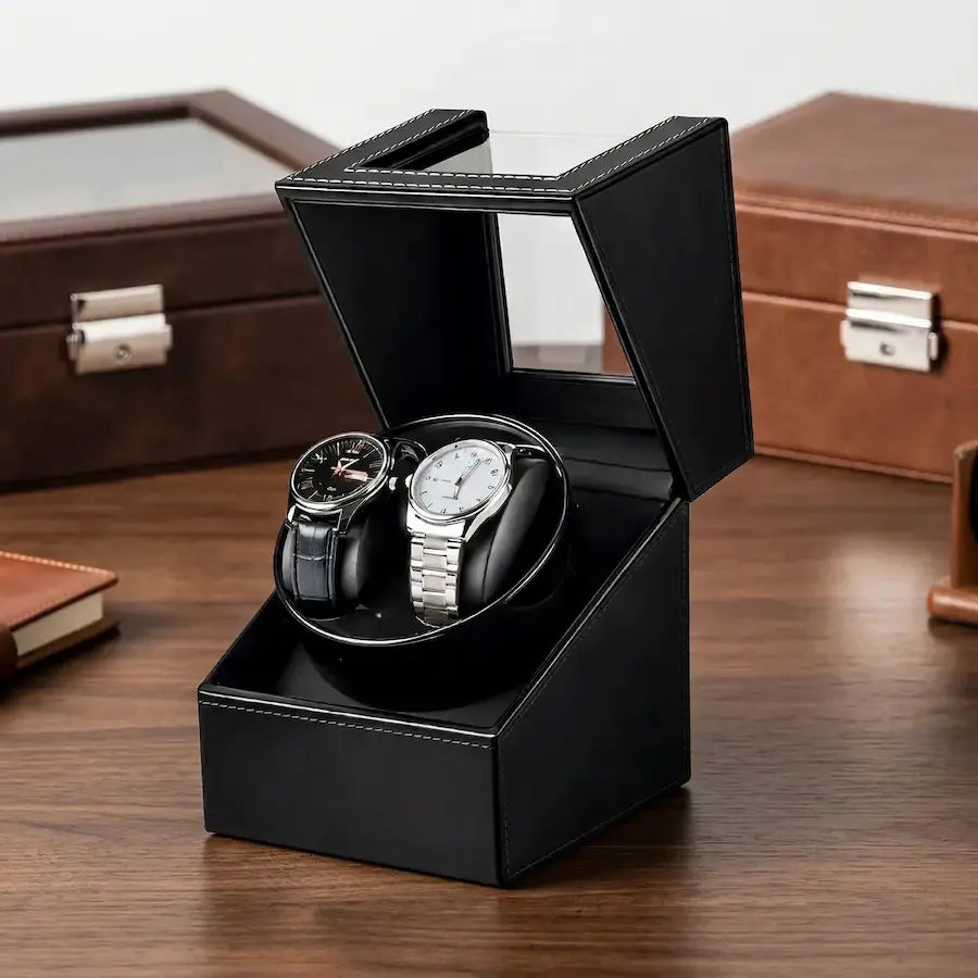 remontoir double pour montres en cuir vegan de couleur noir
