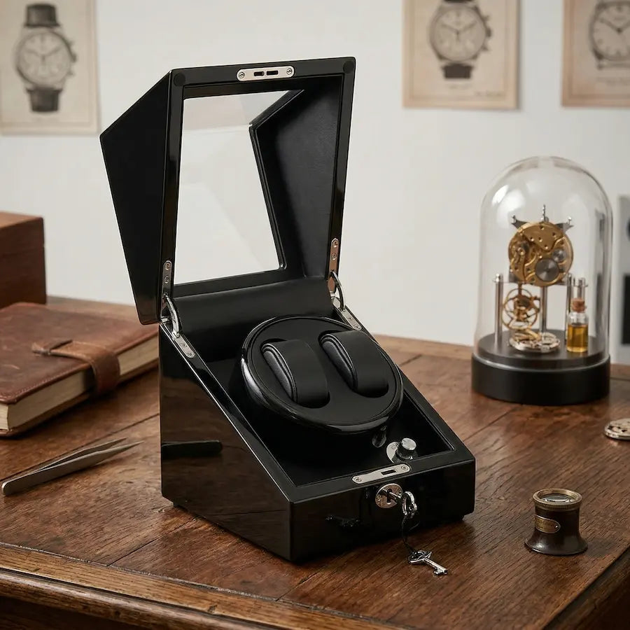 double remontoir pour montres couleur noir bois sur bureau