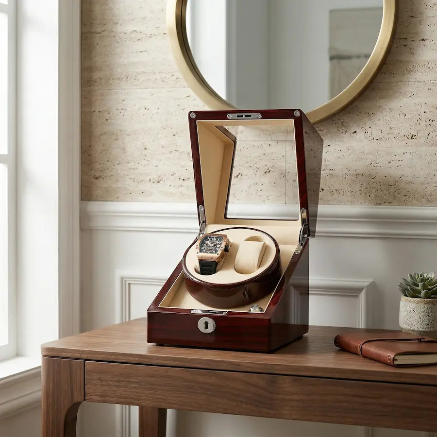 remontoir pour montres couleur bois bordeaux sur bureau
