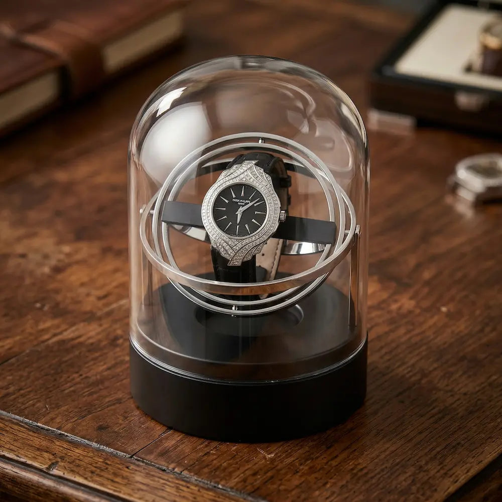 remontoir gyroscopique pour montres sur bureau bois